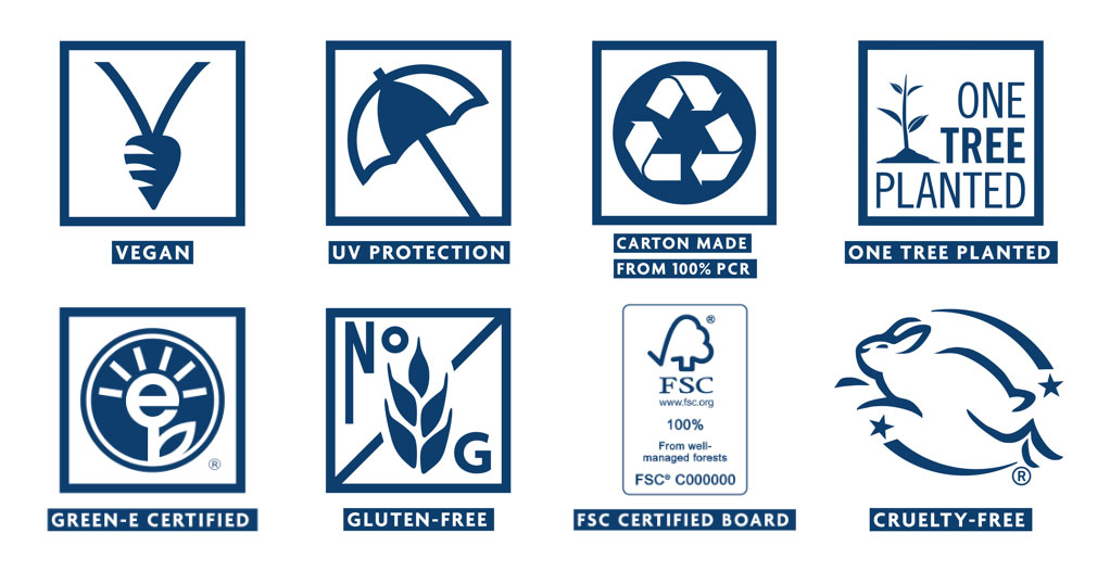 Vegan, Cruelty-Free, Gluten-Free, UV Protection certified icons
